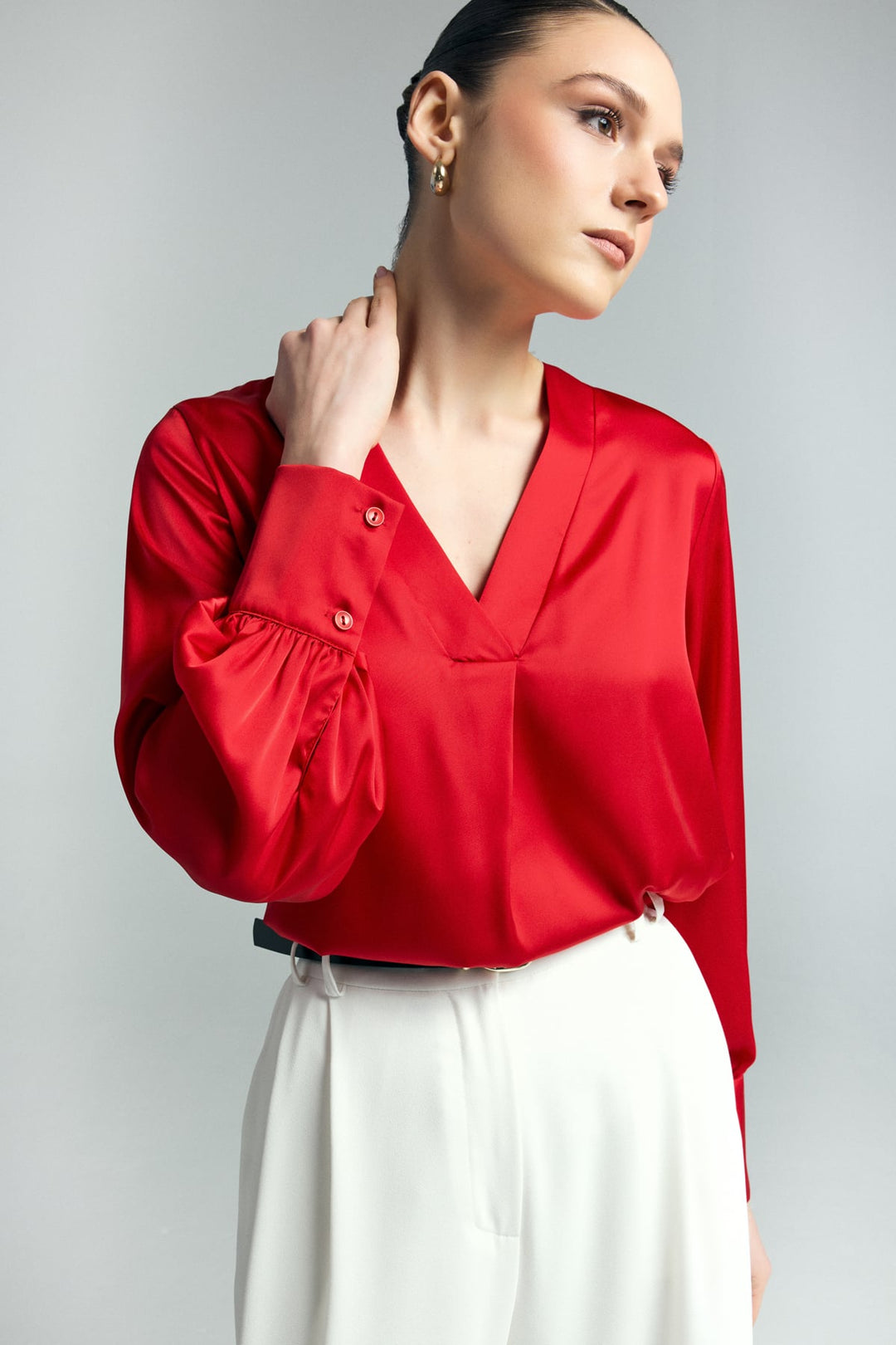 Sateen Blouse Satin à Col en V - Rouge