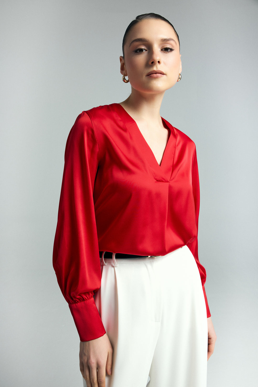 Sateen Blouse Satin à Col en V - Rouge