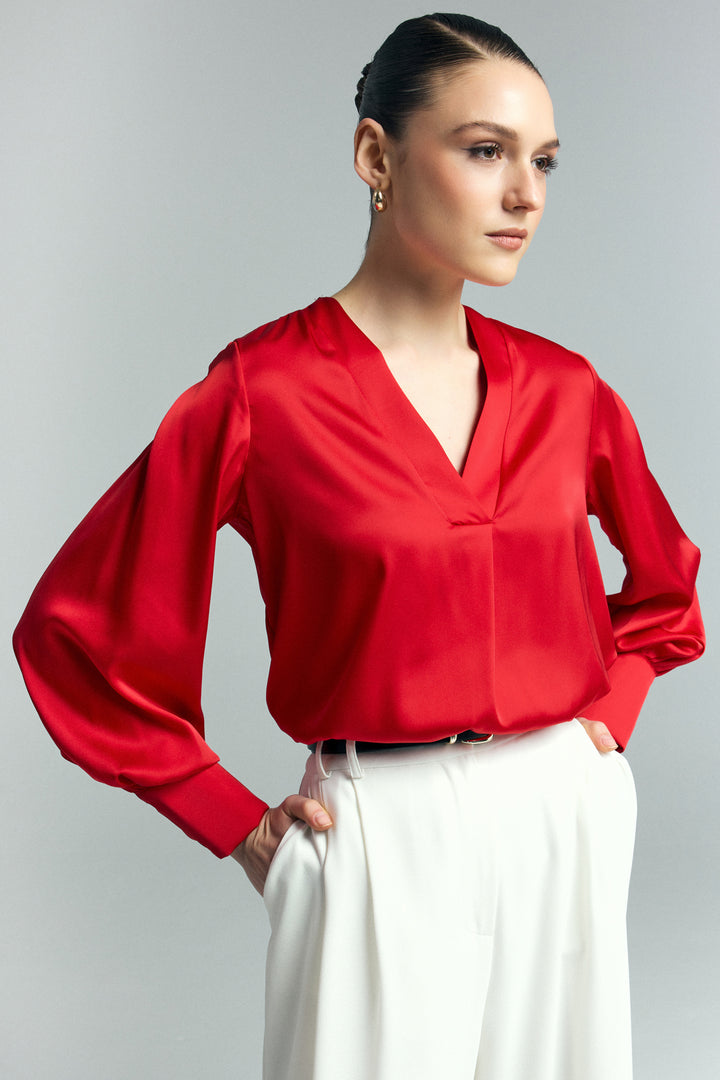 Sateen Blouse Satin à Col en V - Rouge