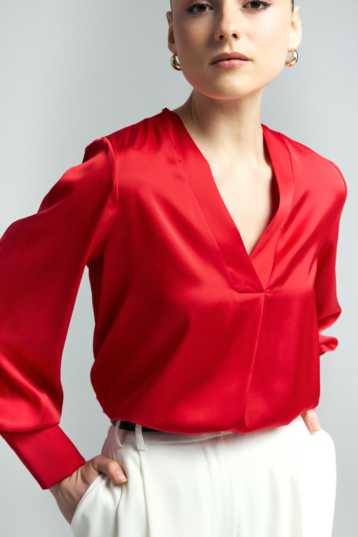 Sateen Blouse Satin à Col en V - Rouge