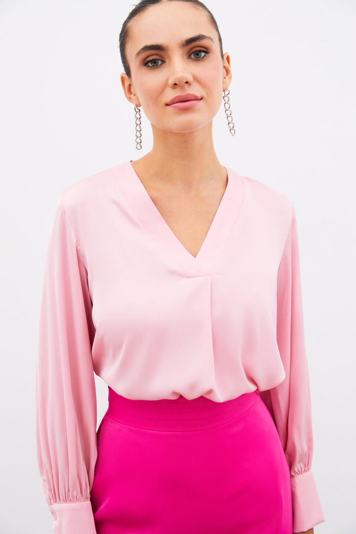 Sateen Blouse en Satin à Col en V - Rose