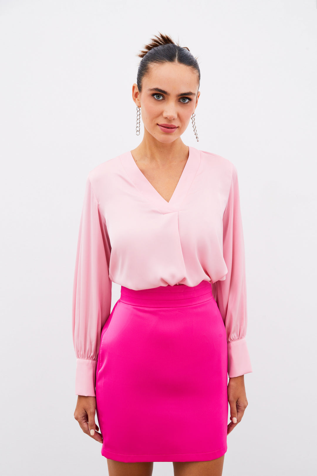 Sateen Blouse en Satin à Col en V - Rose