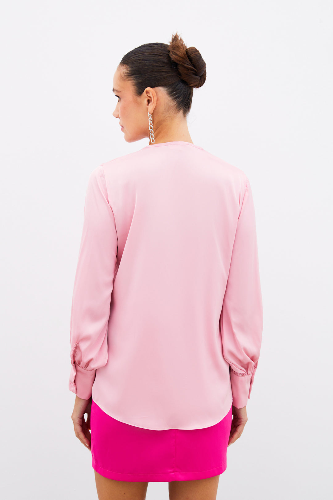 Sateen Blouse en Satin à Col en V - Rose