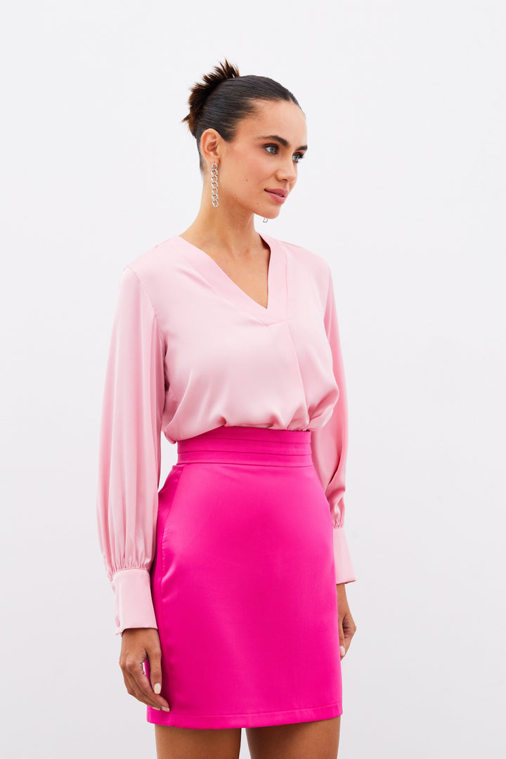 Sateen Blouse en Satin à Col en V - Rose