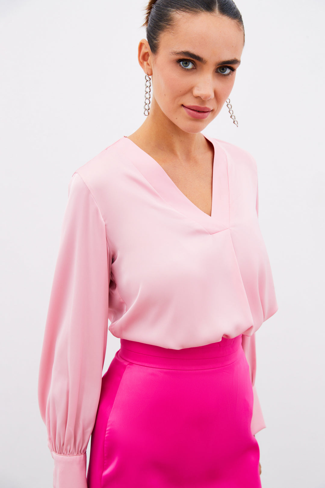 Sateen Blouse en Satin à Col en V - Rose