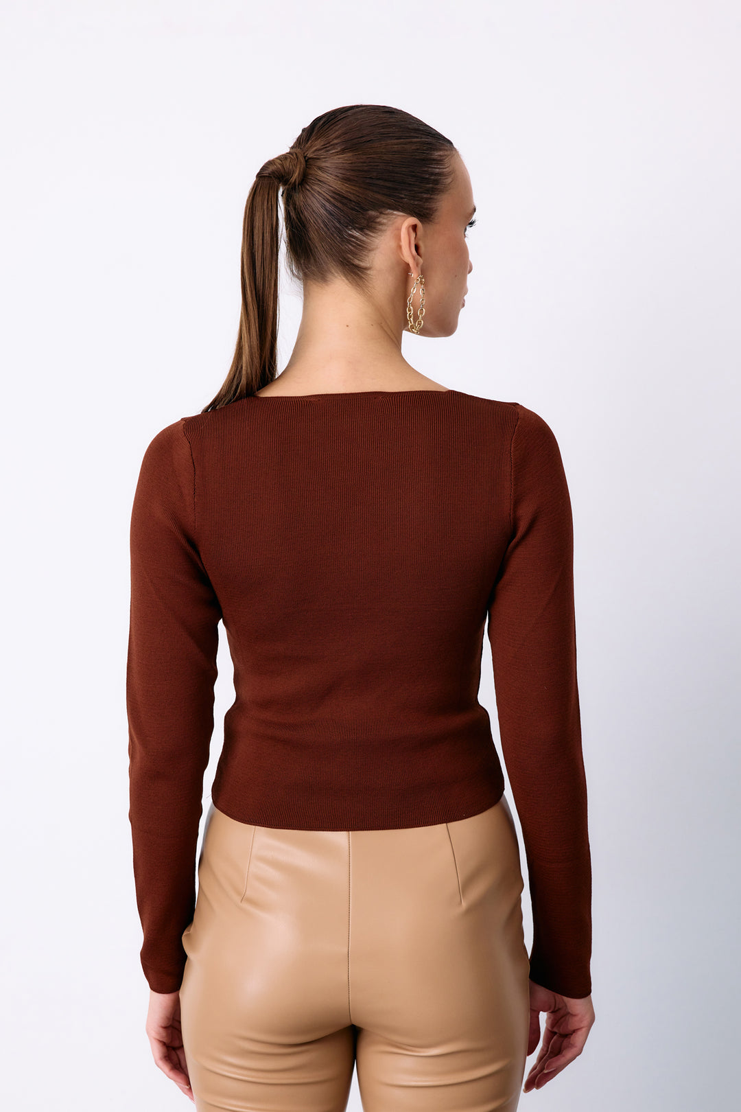 Sateen Pull court en V - Marron