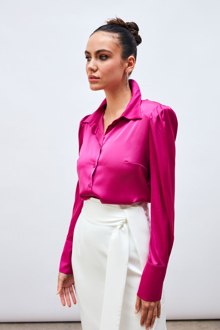 Sateen Chemise en satin avec épaulettes - Fuchsia