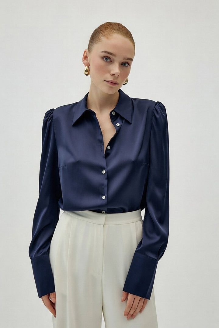 Sateen Chemisier Satin avec Épaules Rembourrées - Bleu marine