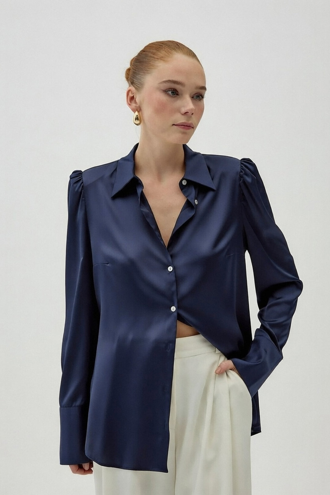 Sateen Chemisier Satin avec Épaules Rembourrées - Bleu marine