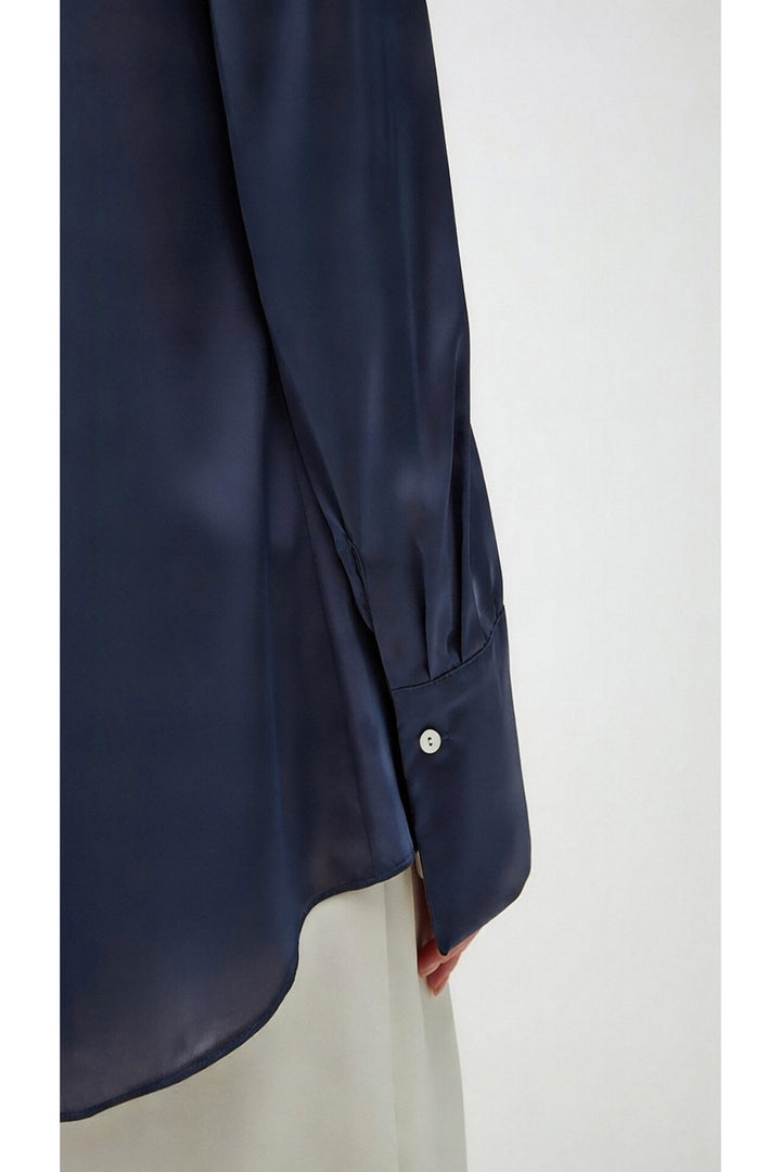 Sateen Chemisier Satin avec Épaules Rembourrées - Bleu marine