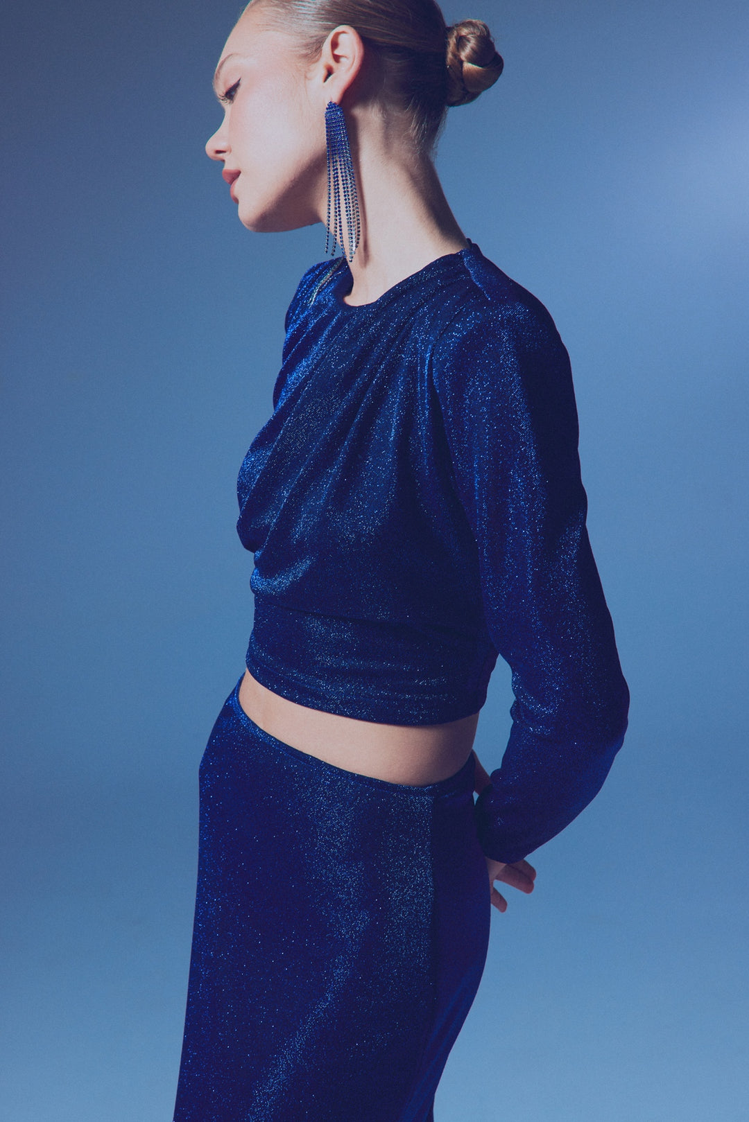 Sateen Blouse pailletée à épaulettes - sax Bleu