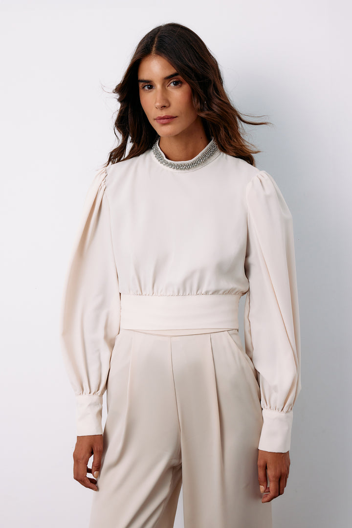 Sateen Blouse avec Accessoire de Col - Beige