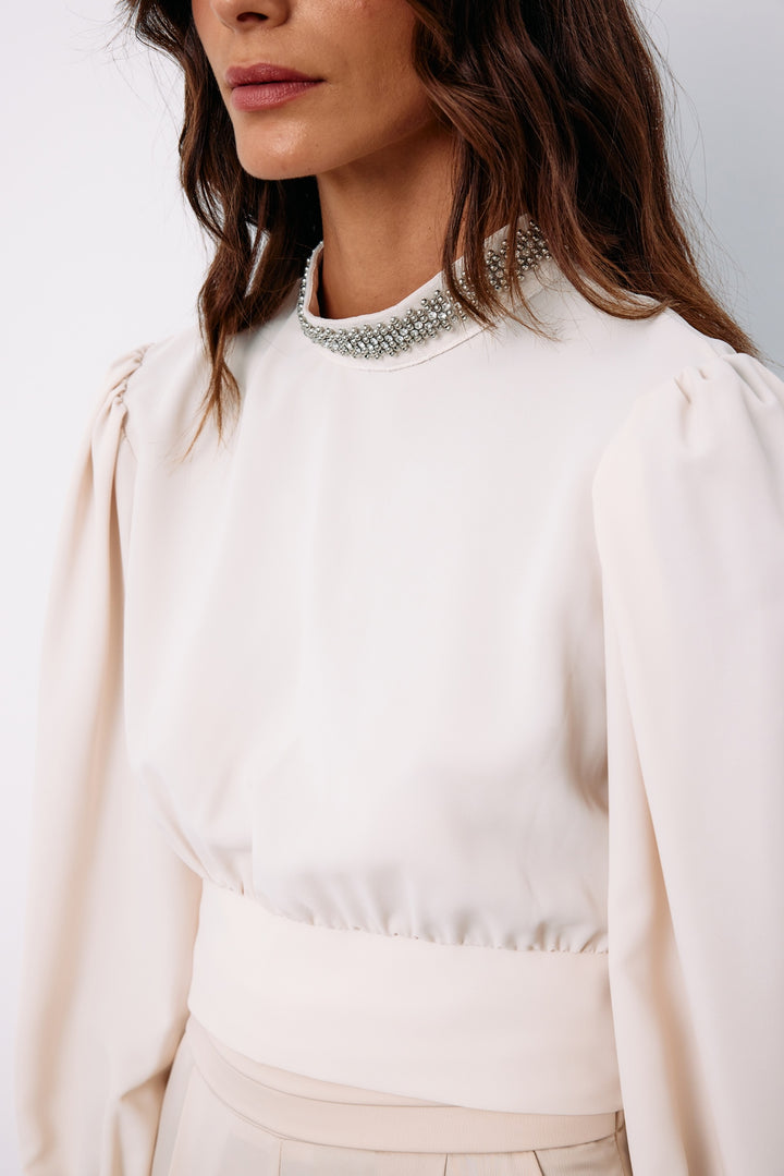 Sateen Blouse avec Accessoire de Col - Beige