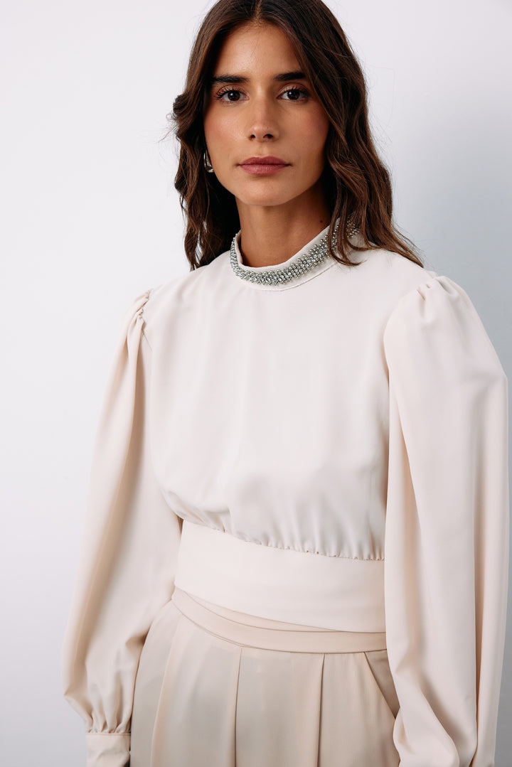 Sateen Blouse avec Accessoire de Col - Beige