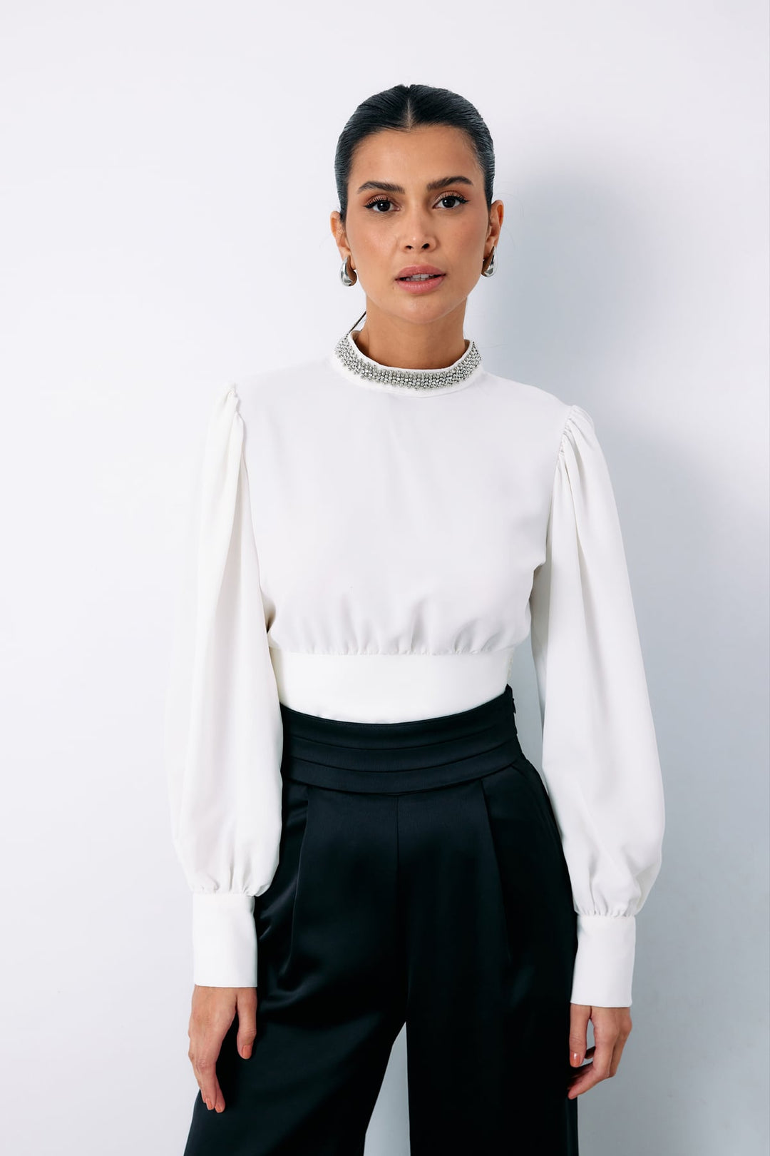 Sateen Blouse avec Accessoire de Col - Écru