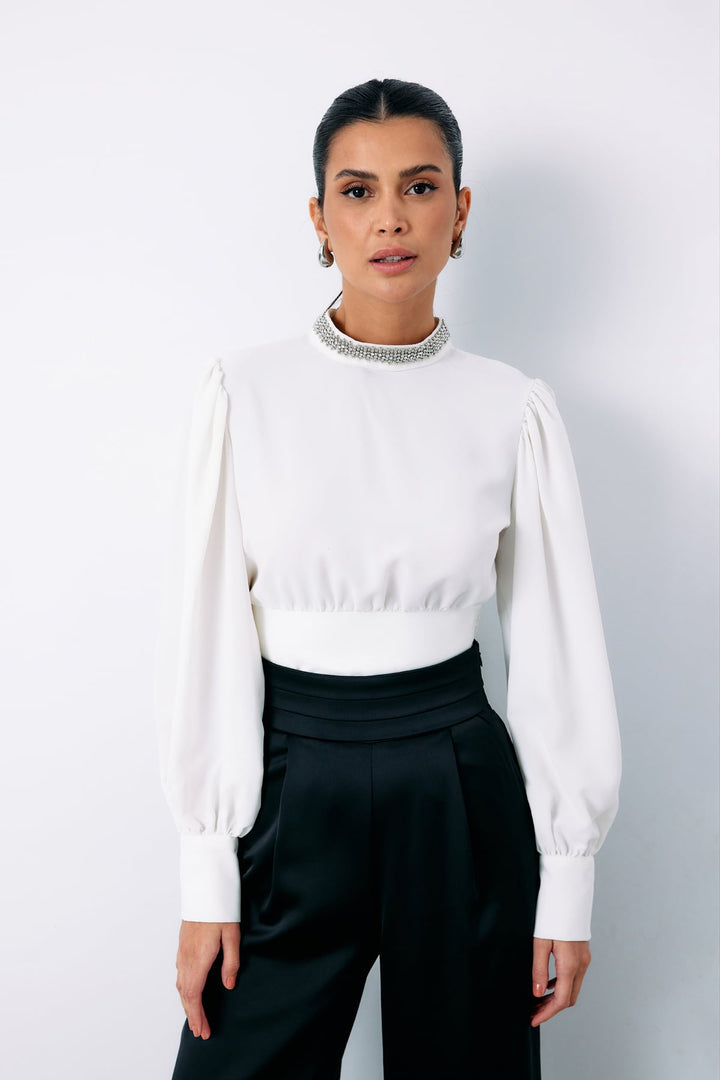 Sateen Blouse avec Accessoire de Col - Écru