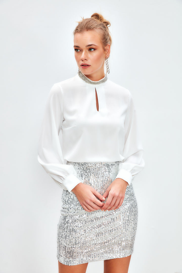 Sateen Blouse avec Accessoire de Col - Écru