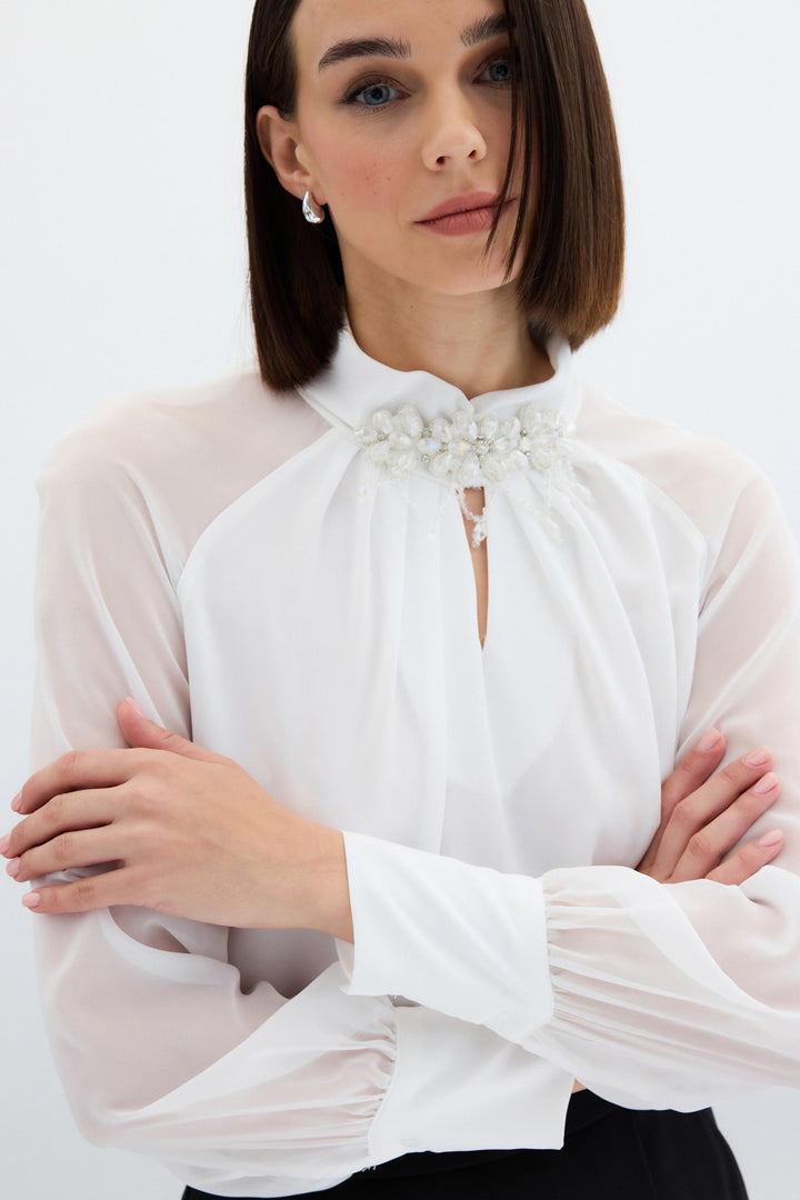 Sateen Blouse avec accessoire de col - Écru