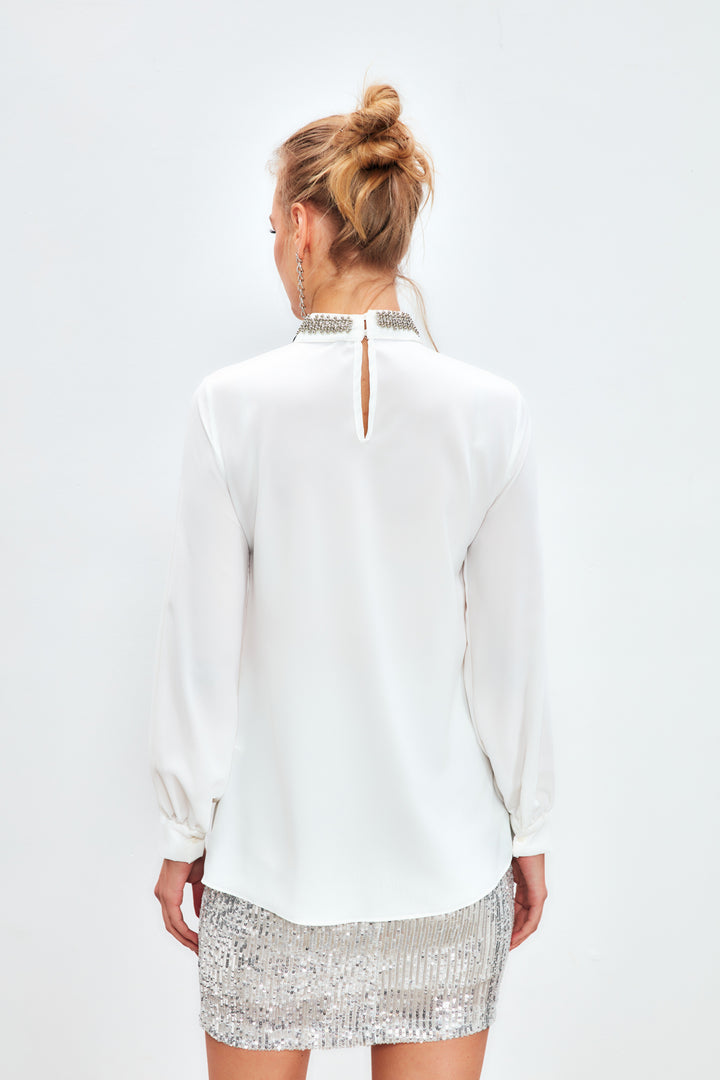 Sateen Blouse avec Accessoire de Col - Écru