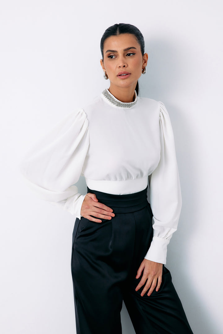 Sateen Blouse avec Accessoire de Col - Écru