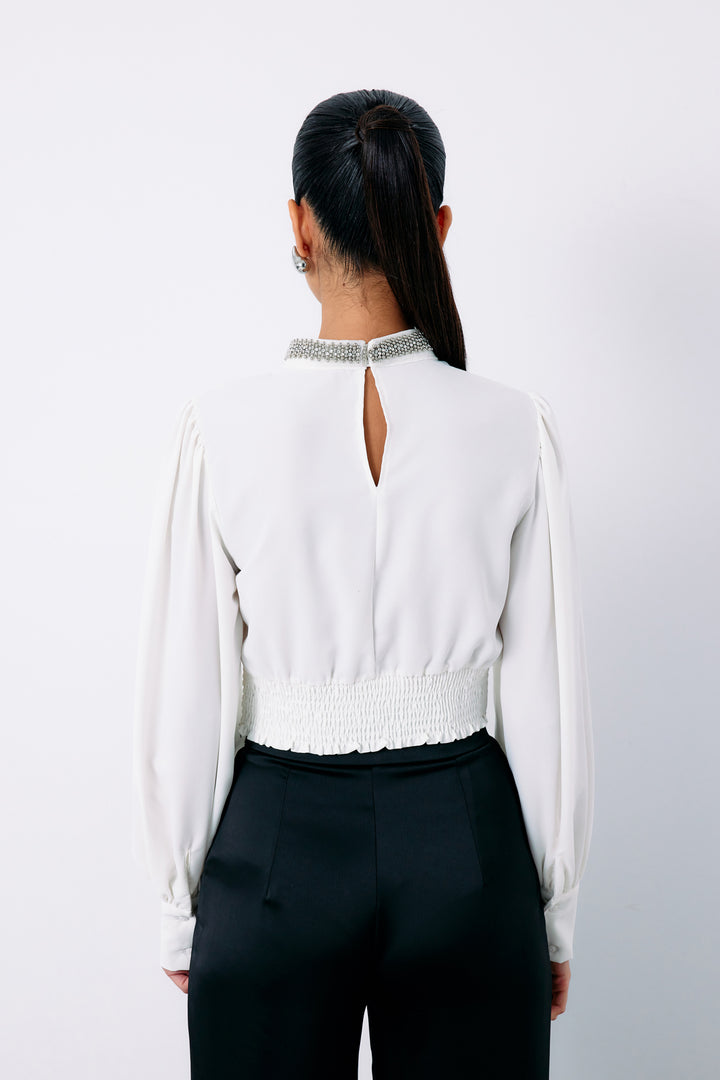 Sateen Blouse avec Accessoire de Col - Écru