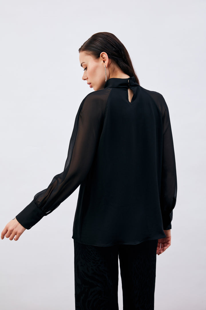 Sateen Blouse avec accessoire de col - Noir
