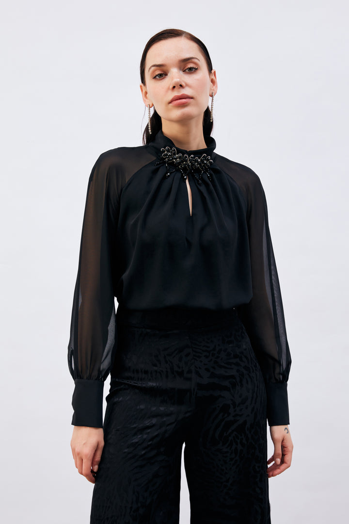 Sateen Blouse avec accessoire de col - Noir