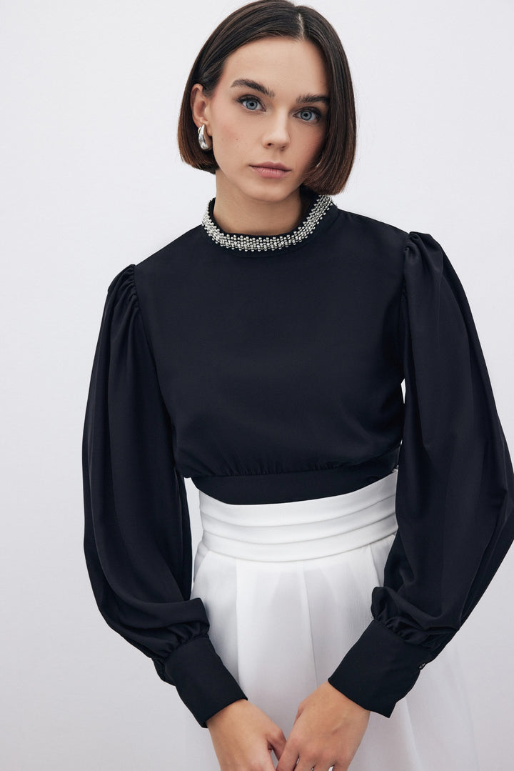 Sateen Blouse avec Accessoire de Col - Noir