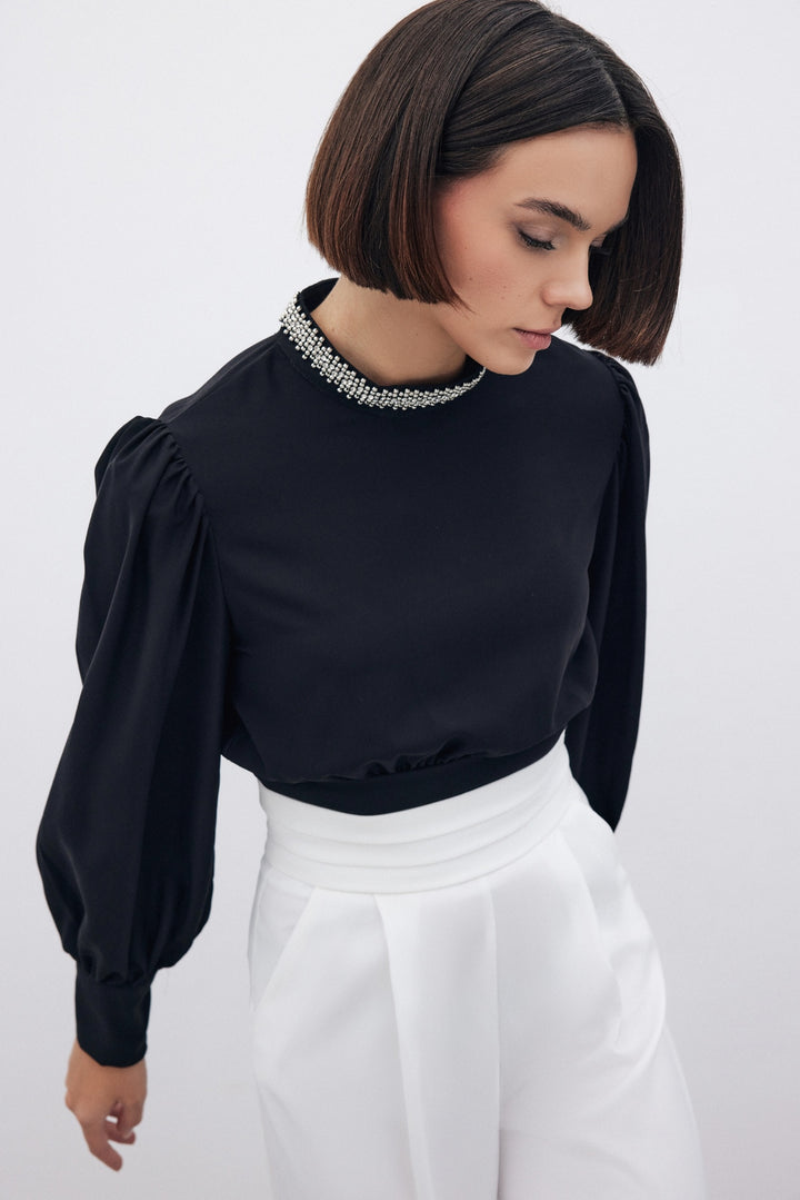 Sateen Blouse avec Accessoire de Col - Noir
