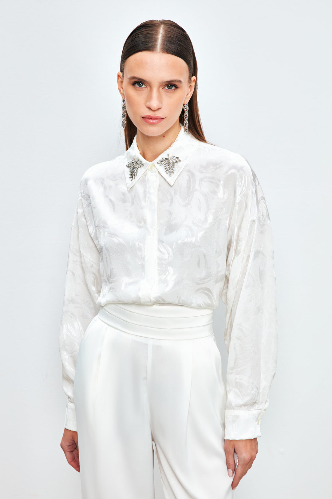 Sateen Chemise à motifs avec accessoire de col - Écru