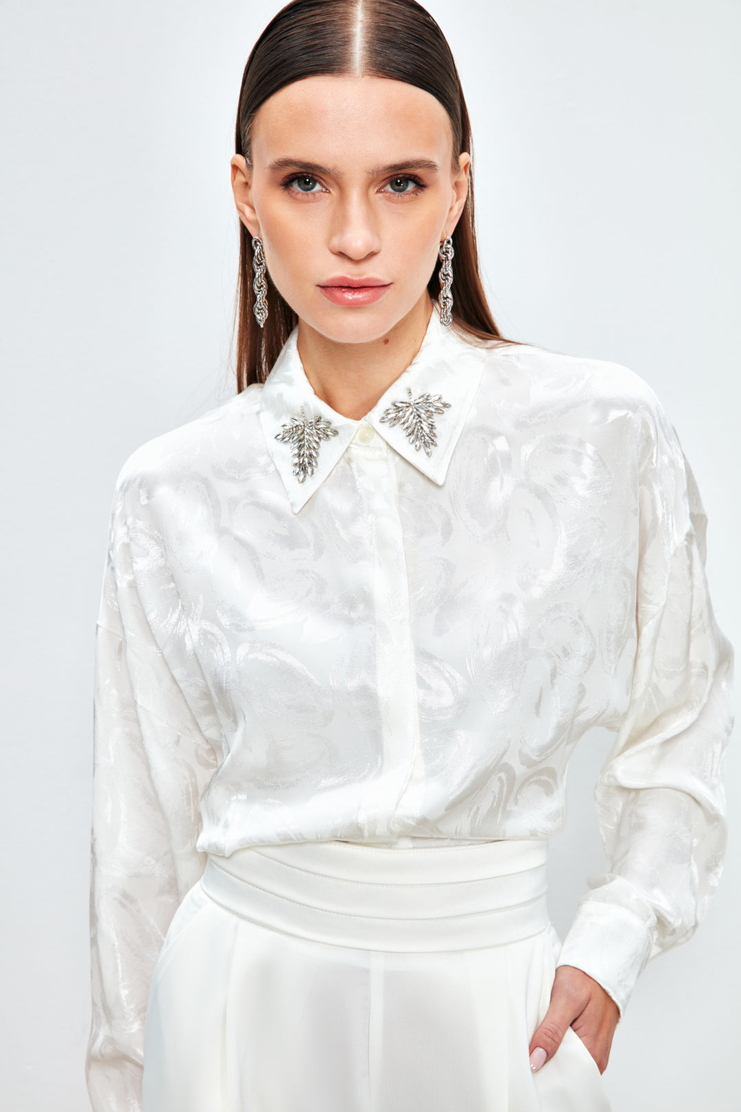 Sateen Chemise à motifs avec accessoire de col - Écru