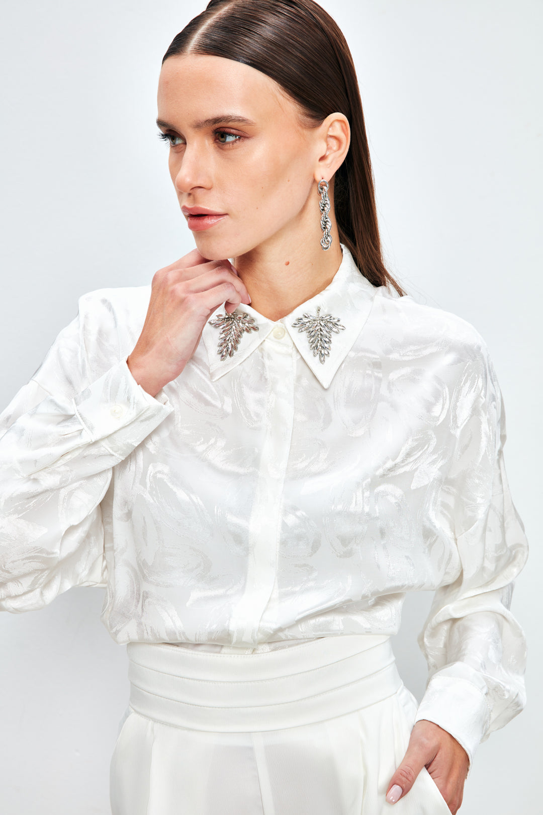 Sateen Chemise à motifs avec accessoire de col - Écru