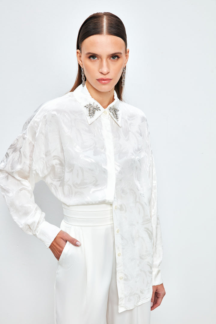 Sateen Chemise à motifs avec accessoire de col - Écru
