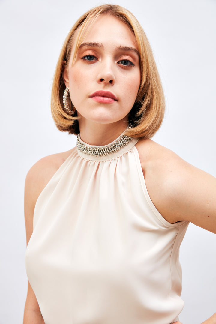 Sateen Blouse Sans Manches avec Accessoire de Col - Beige