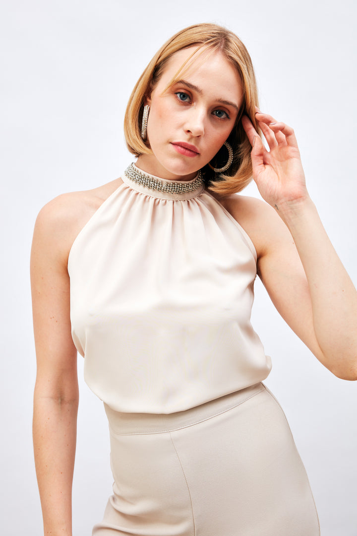 Sateen Blouse Sans Manches avec Accessoire de Col - Beige