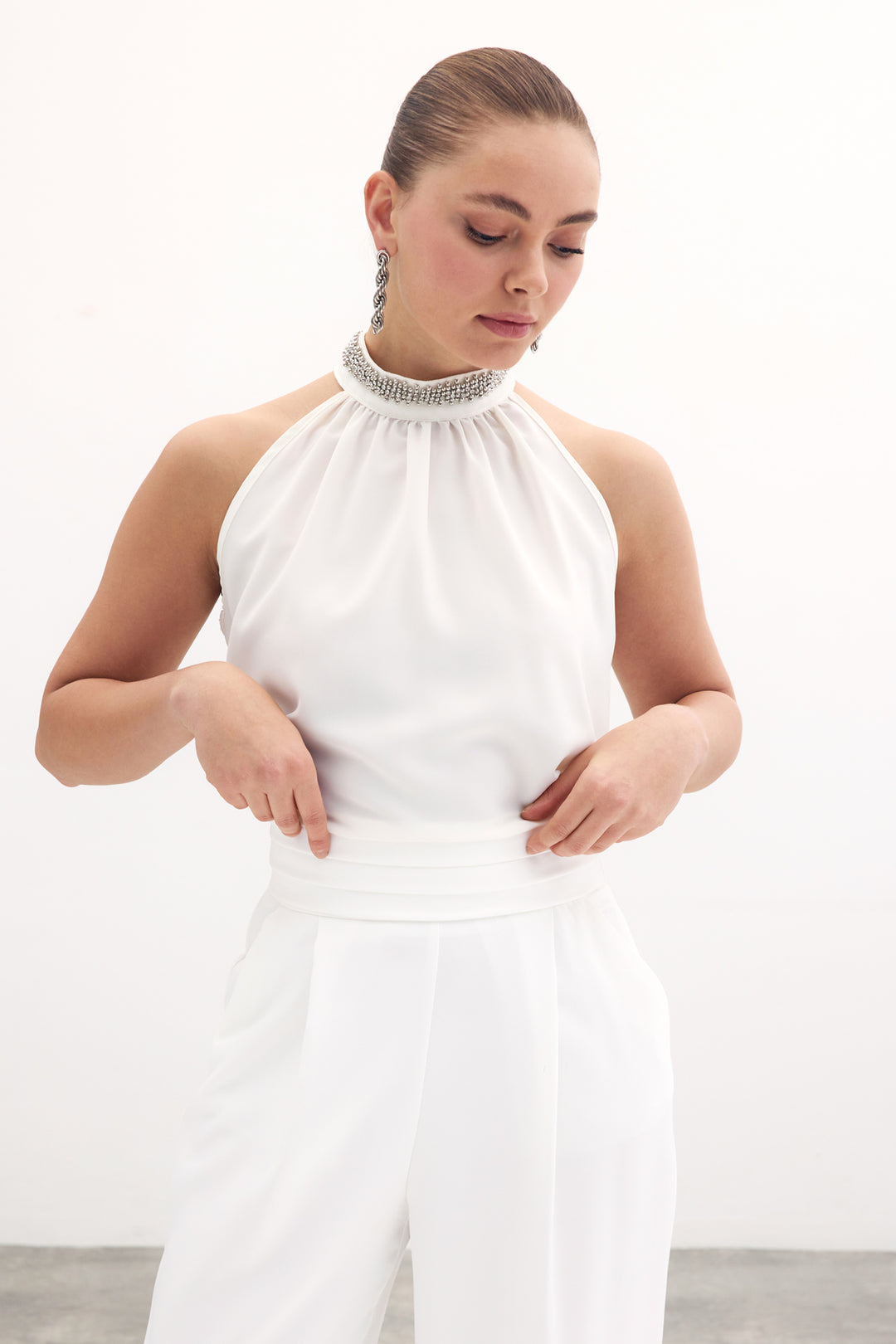 Sateen Blouse Sans Manches avec Accessoire de Col - Écru