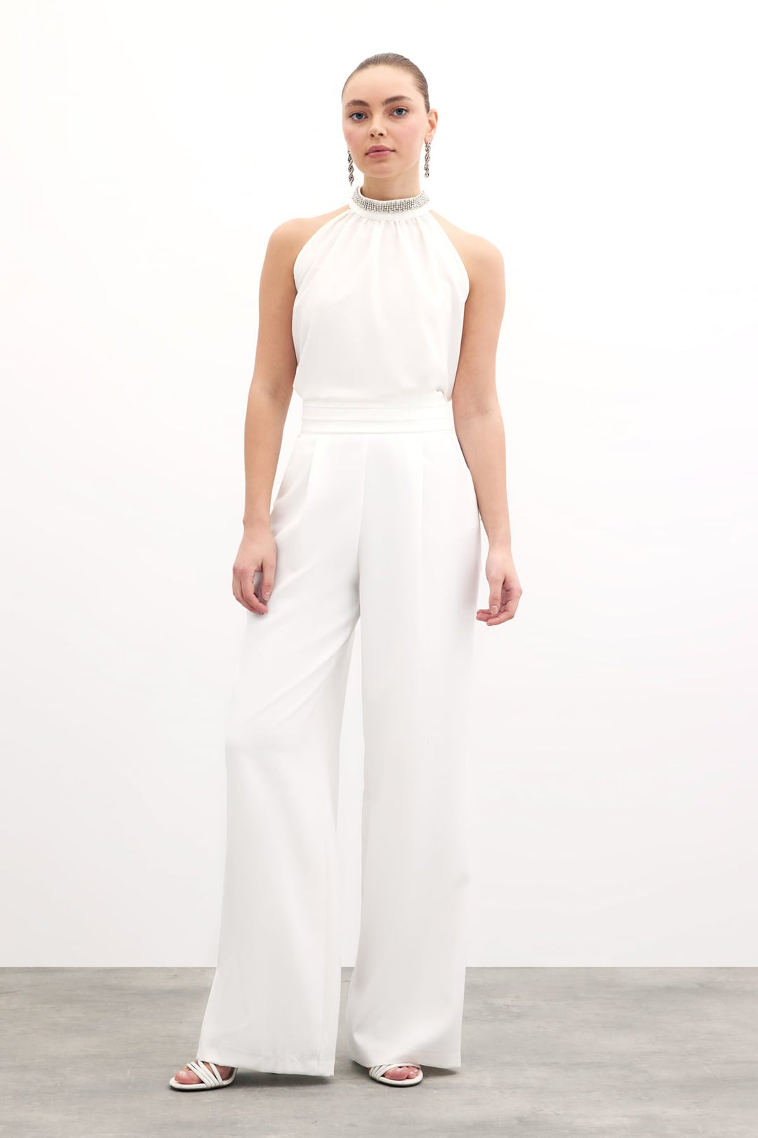 Sateen Blouse Sans Manches avec Accessoire de Col - Écru