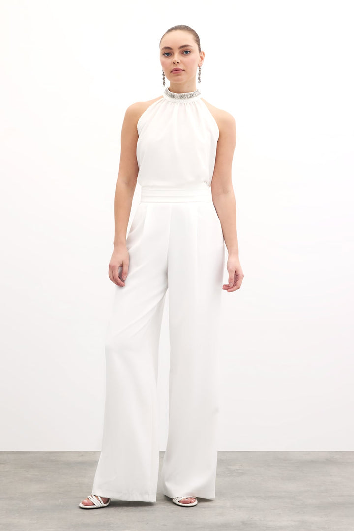 Sateen Blouse Sans Manches avec Accessoire de Col - Écru