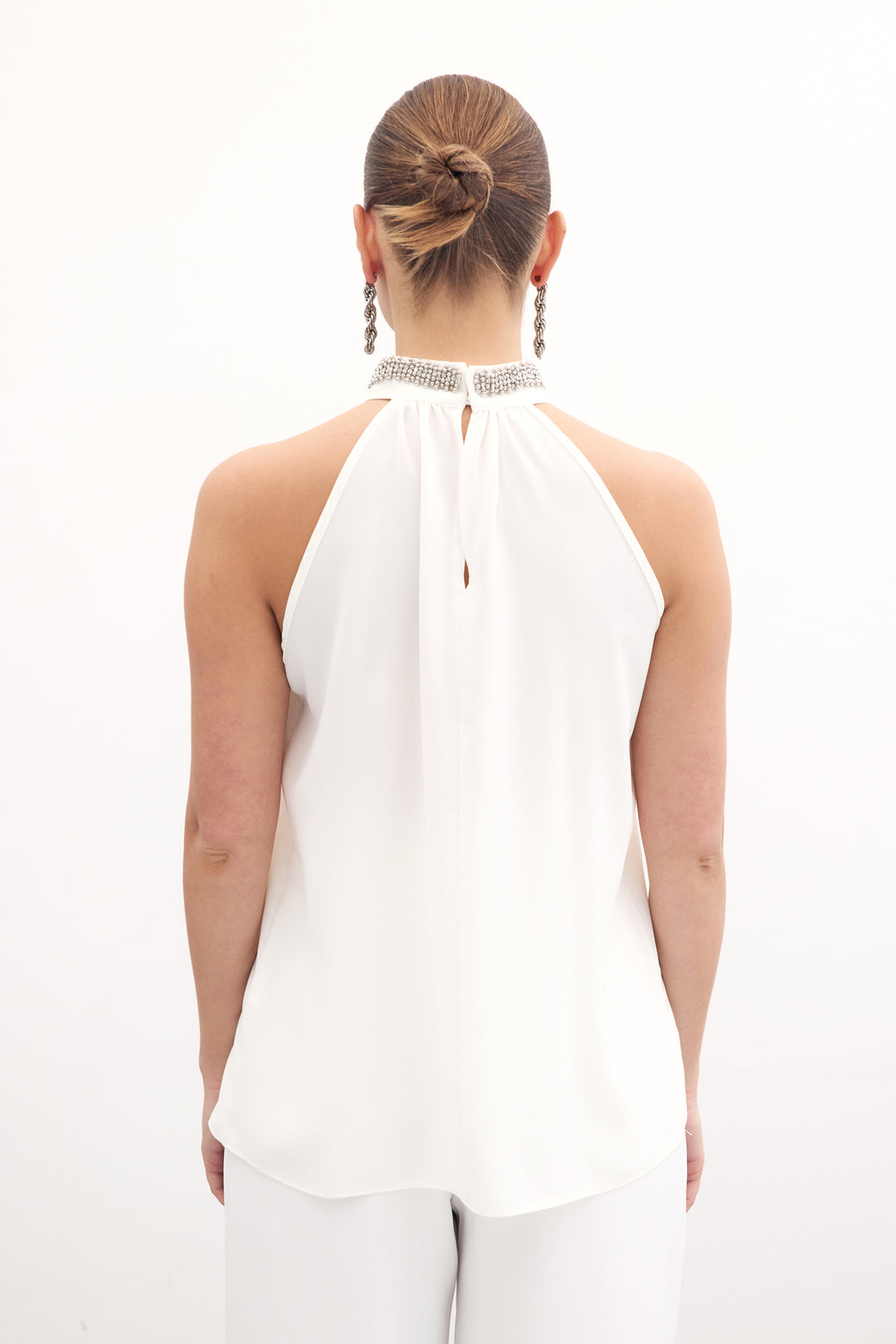 Sateen Blouse Sans Manches avec Accessoire de Col - Écru