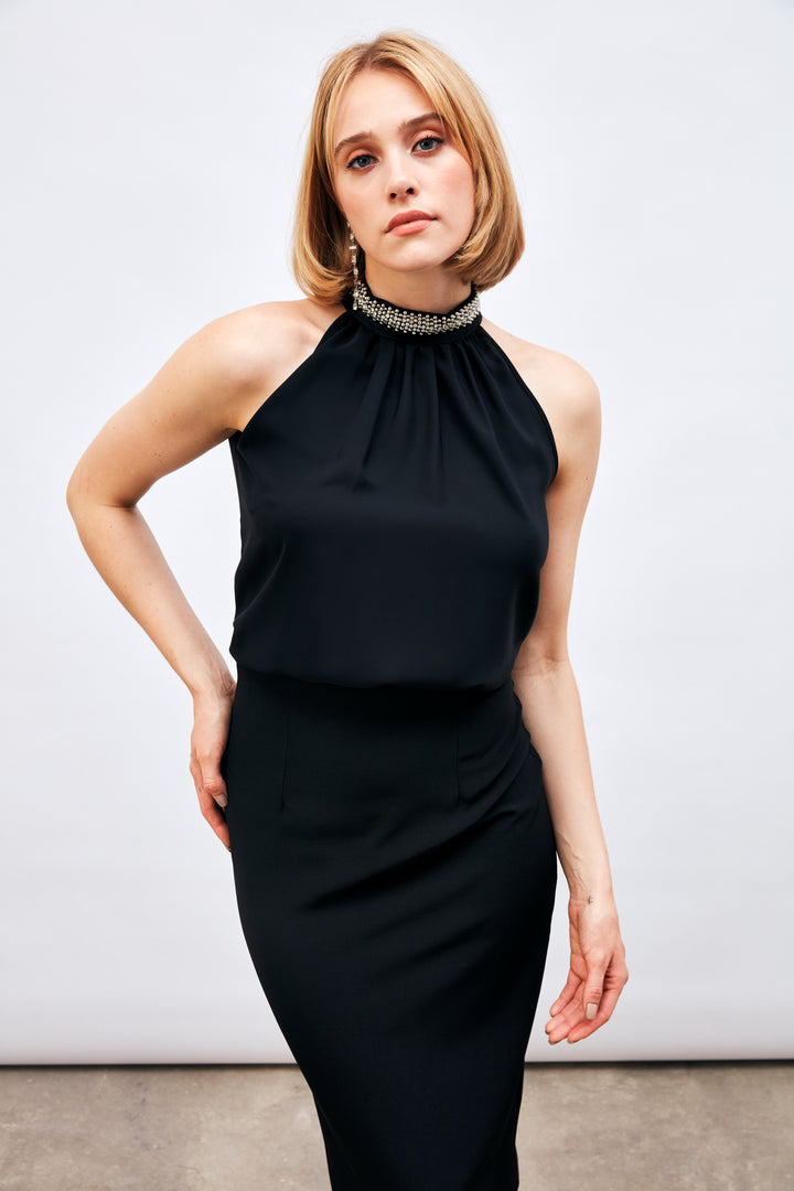 Sateen Blouse Sans Manches avec Accessoire de Col - Noir