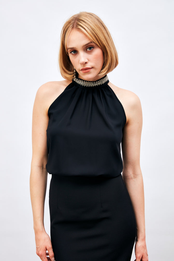 Sateen Blouse Sans Manches avec Accessoire de Col - Noir
