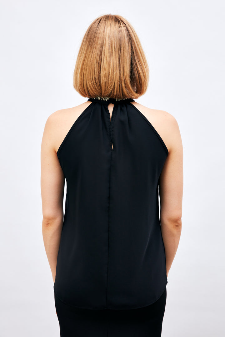 Sateen Blouse Sans Manches avec Accessoire de Col - Noir