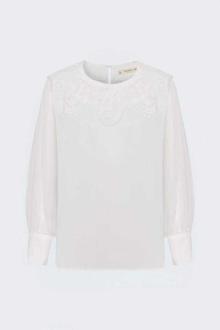 Sateen Blouse avec détail de col - Écru