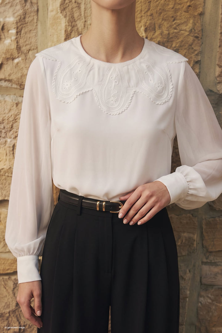 Sateen Blouse avec détail de col - Écru