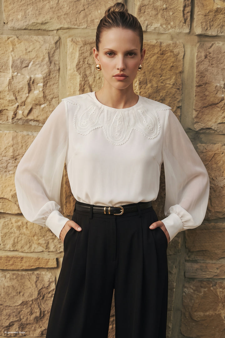 Sateen Blouse avec détail de col - Écru