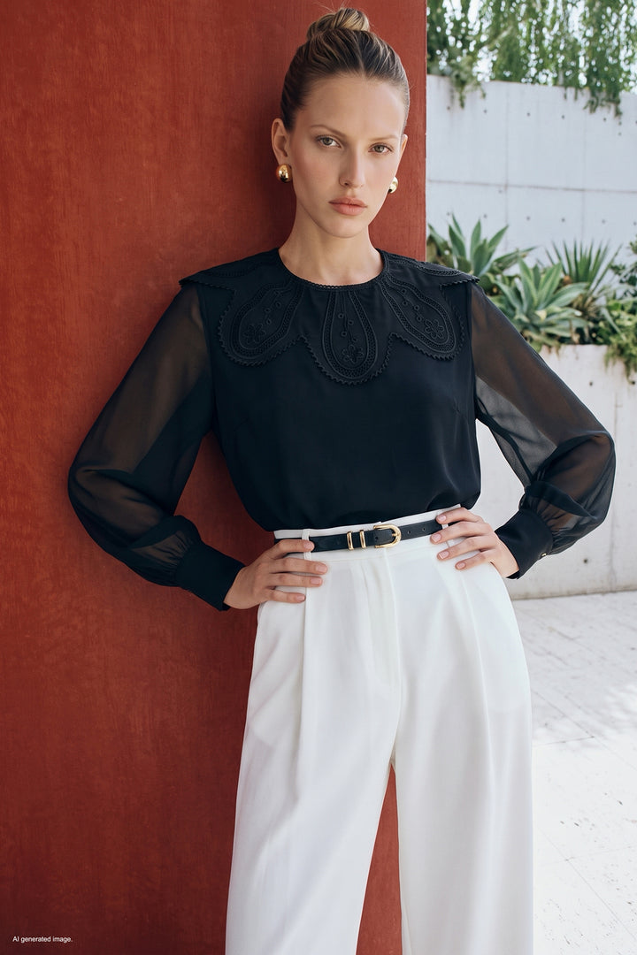 Sateen Blouse avec détail de col - Noir