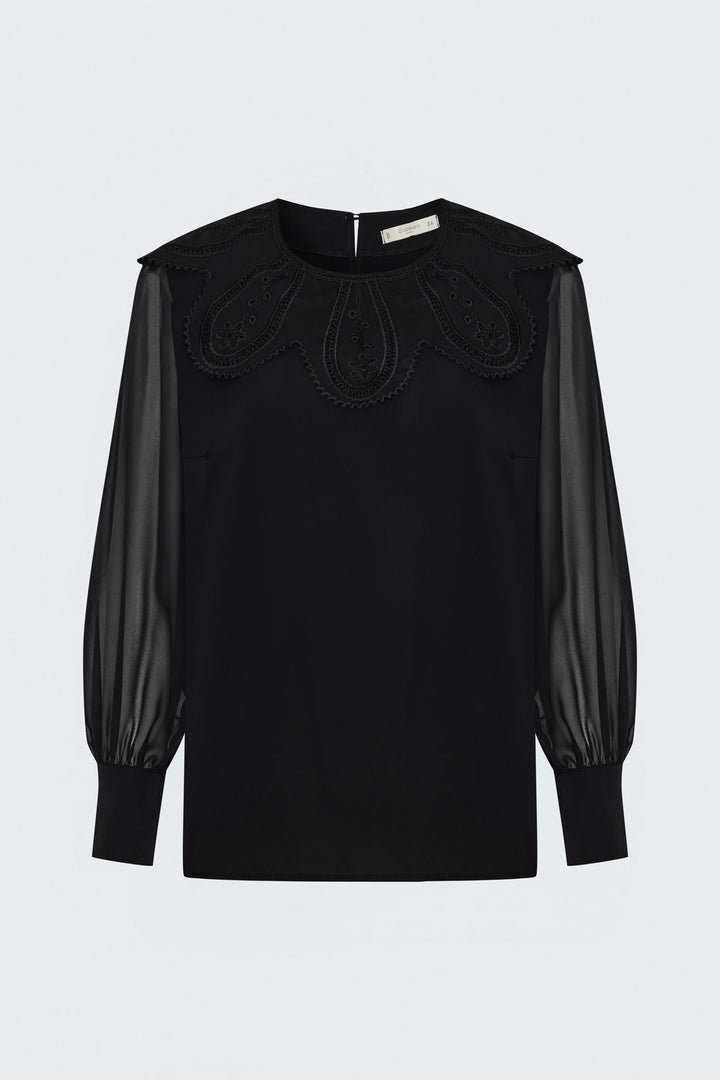 Sateen Blouse avec détail de col - Noir