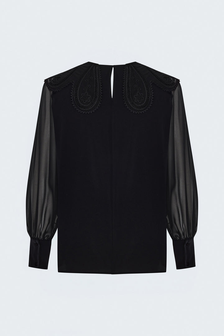 Sateen Blouse avec détail de col - Noir