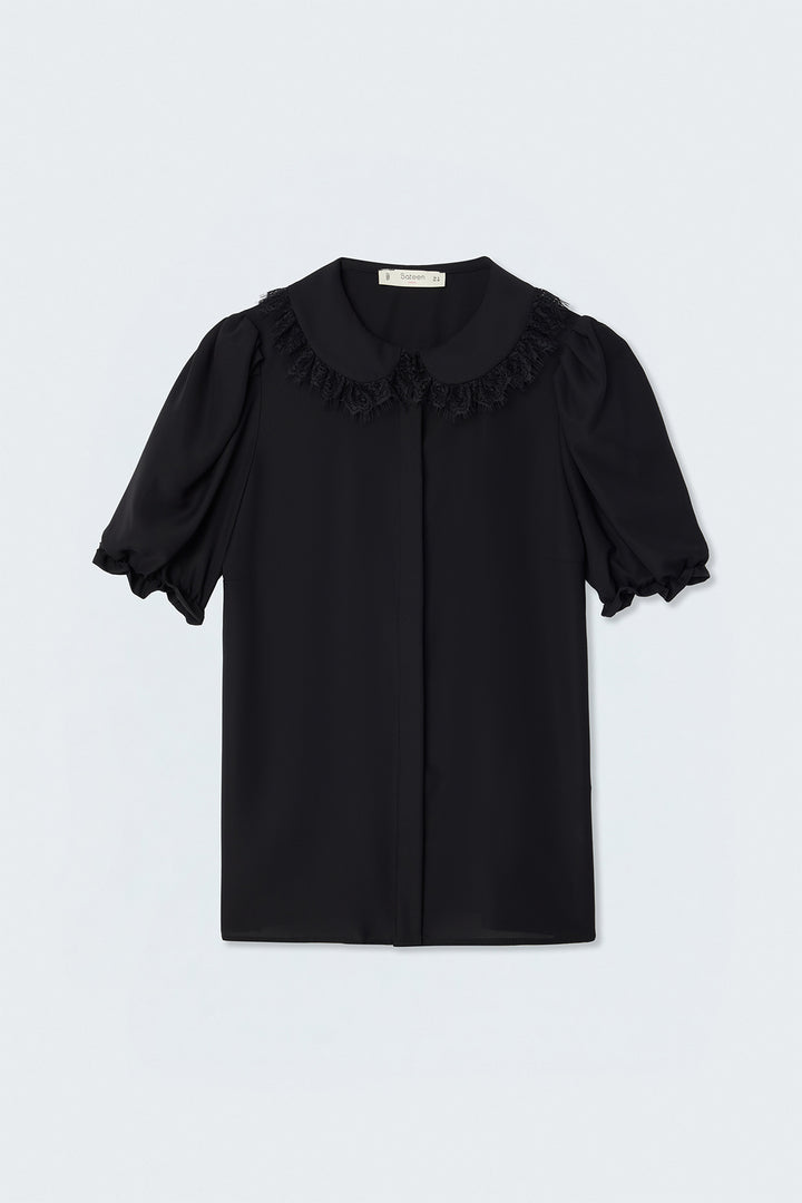 Sateen Chemise à Détail Col - Noir