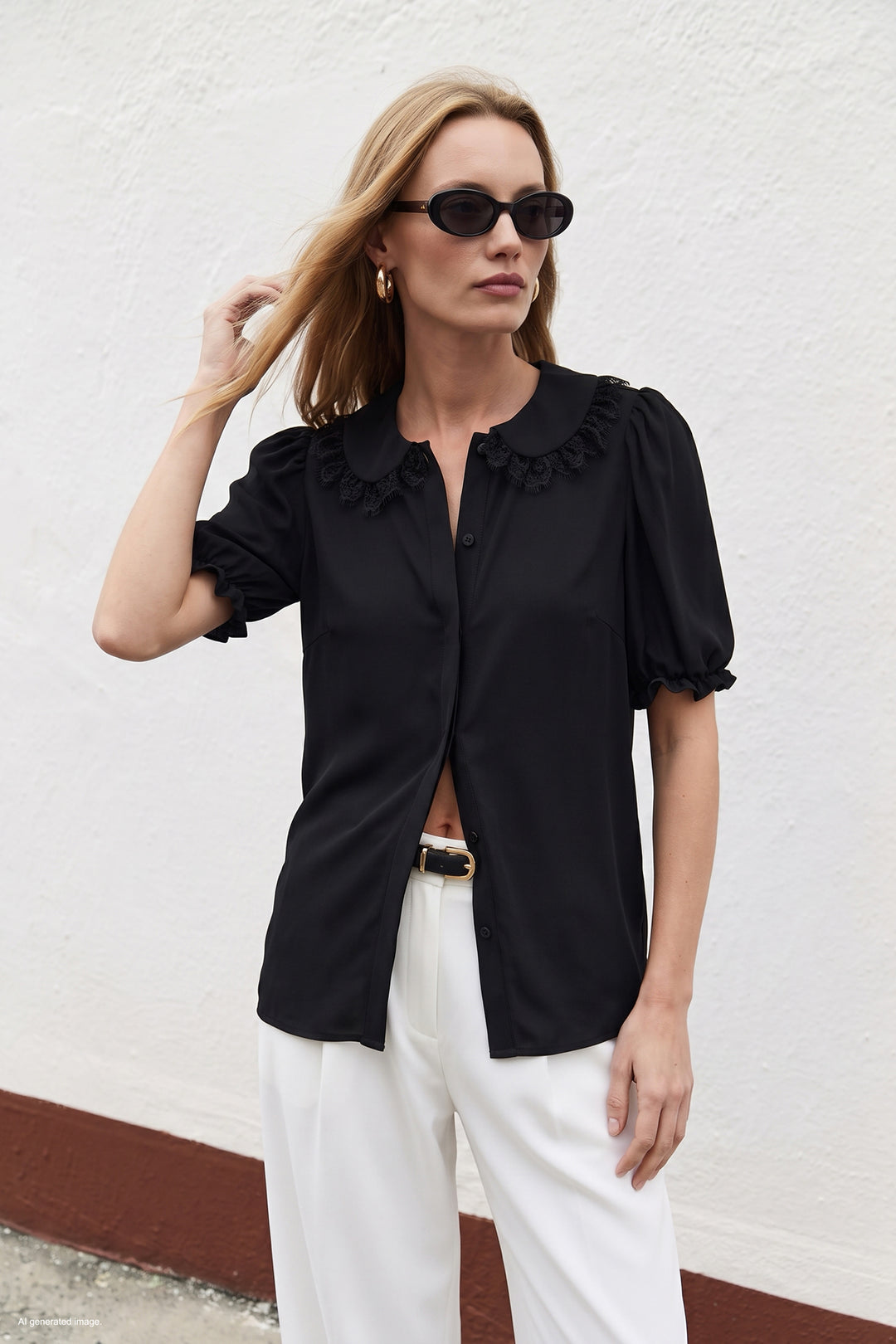 Sateen Chemise à Détail Col - Noir